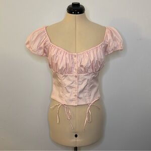 House of CB Kitty Baby Pink Gathered Top, Puff Sleeve Milkmaid Corset Crop, M